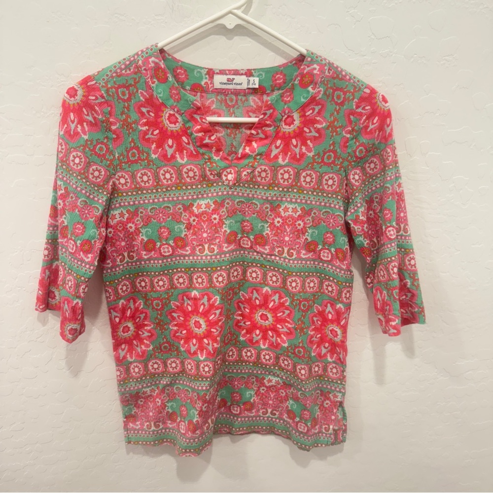 Vineyard Vines Girls Caribbean Floral V Neck Blouse Girls 7-8 Pink Green Top